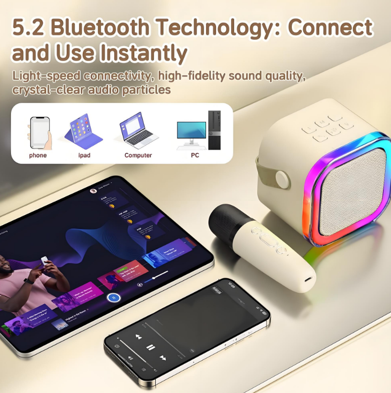 KOPPOP Mini Karaoke Machine with 2 Wireless Mics, Portable Speaker for Home & Travel Singing, Fun Gift for Kids 4-12+ Years Old (White)