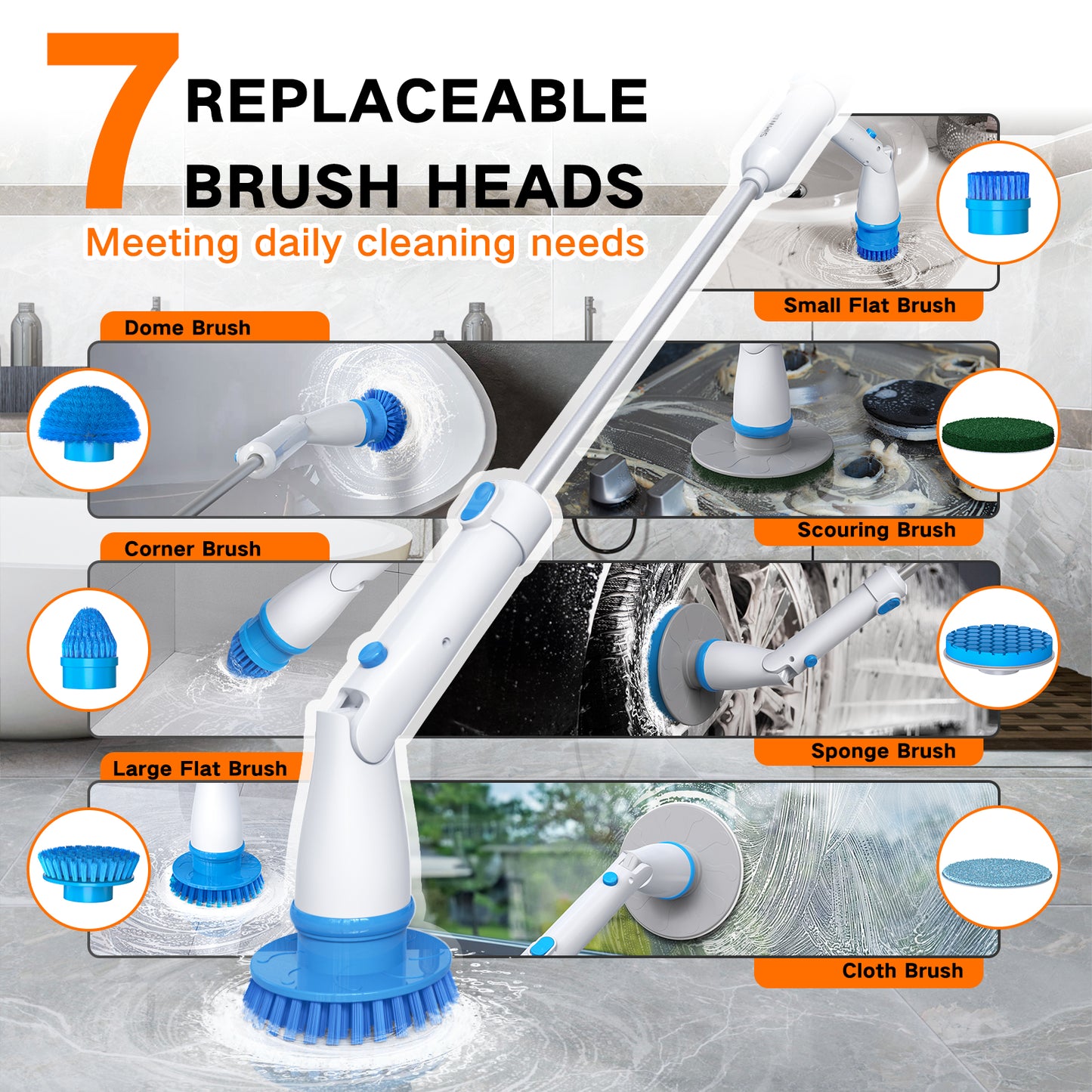 Electric Spin Scrubber,Electric Scrubber for Cleaning with 7 Replaceable Heads,24/44IN Shower Scrubber with Long Handle&2 Angle for Hard-to-Reach Area,Power Scrubber for Cleaning Tub/Stove/Car