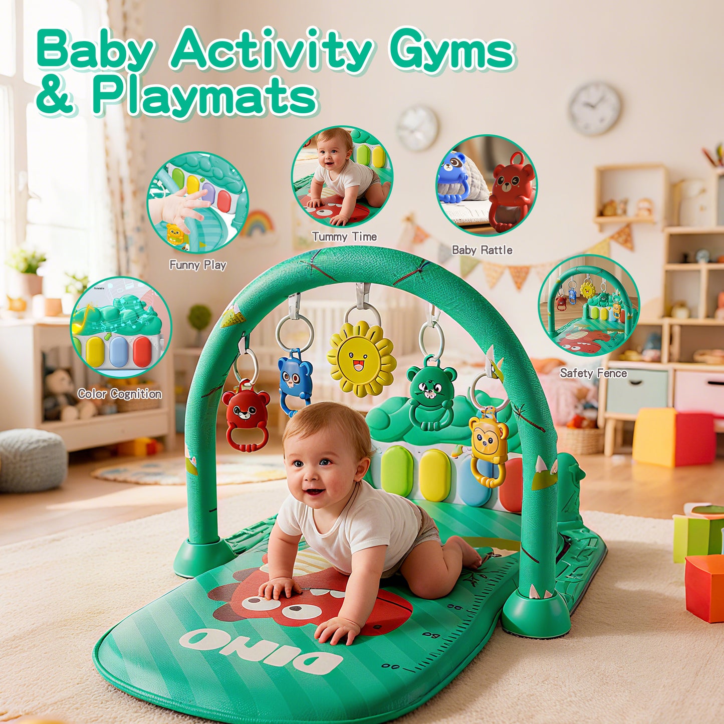 KOPPOP Baby Play Mat with Piano Toys, Tummy Time Activity Gym for Infants 0-12 Months, Dinosaur Playmat Newborn Gift Boy Girl