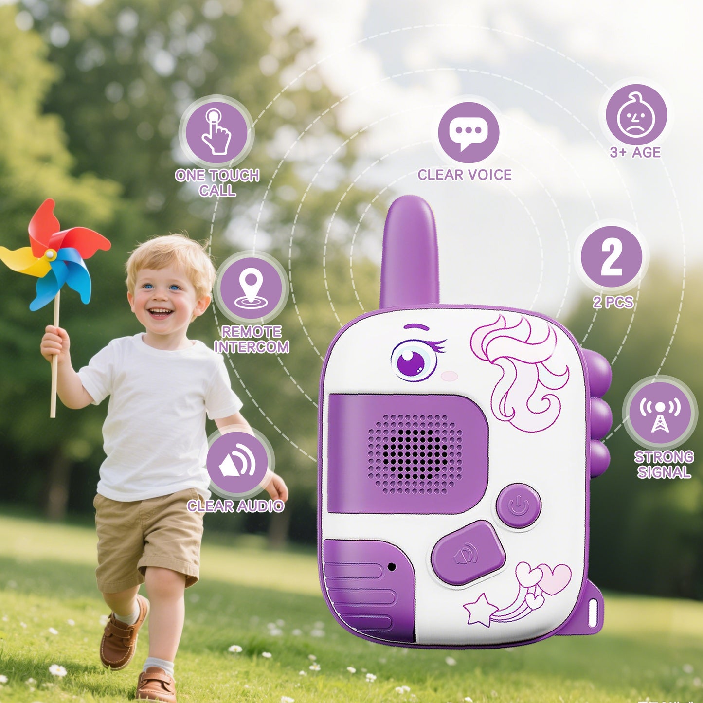 KOPPOP 2-Pack Walkie Talkies for Kids , Toy Phones for Toddlers Ages 3-6, for Long Range Outdoor Camping Hiking and Backyard Play(Pink & Purple)