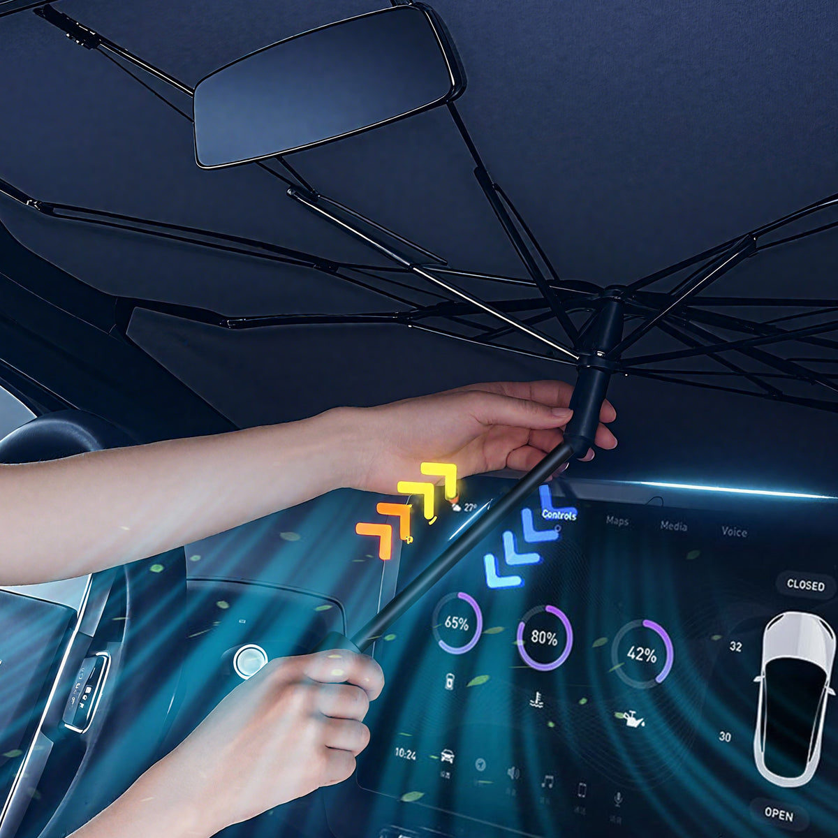EVLIVE Car Windshield Sunshade,Car Shade Umbrella,Extra Wide 58"×36",UPF50+ Blocks 99% UV Rays, Umbrella Sunshade for Car, Fit for Compact Sedan/SUV/Hatchback/Mini EV/Older Scooter