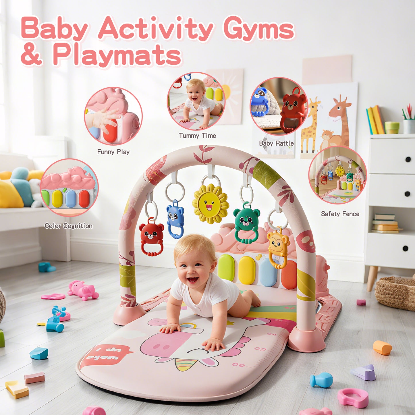 KOPPOP Baby Play Mat with Piano Toys, Tummy Time Activity Gym for Infants 0-12 Months, Unicorn Playmat Newborn Gift Boy Girl