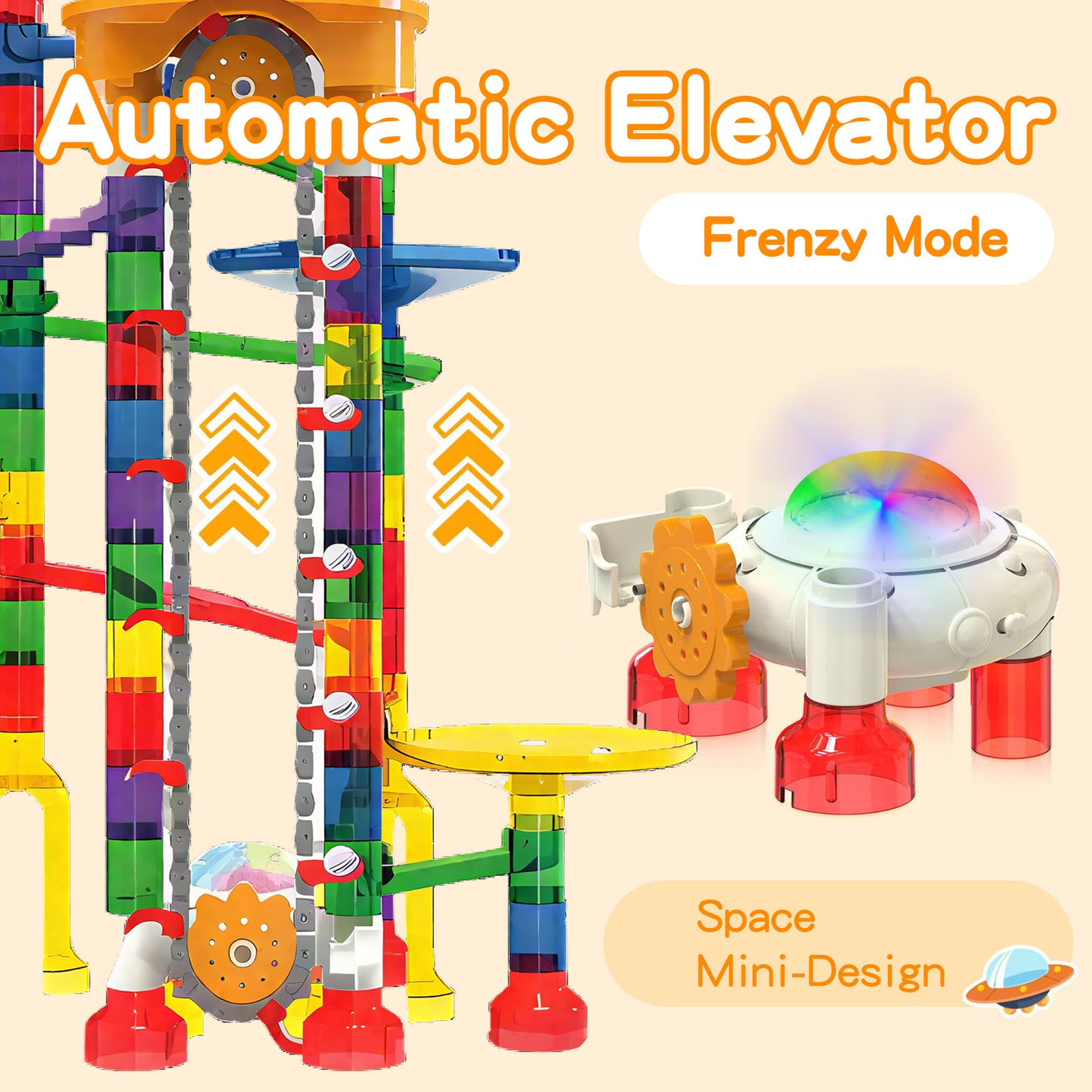 KOPPOP 200 Pcs Marble Run with Motorized Elevator, Construction Building Blocks with 32 Plastic & 10 Glass & 4 Glow Marbles, STEM Educational Toys for Kids Ages 4-8