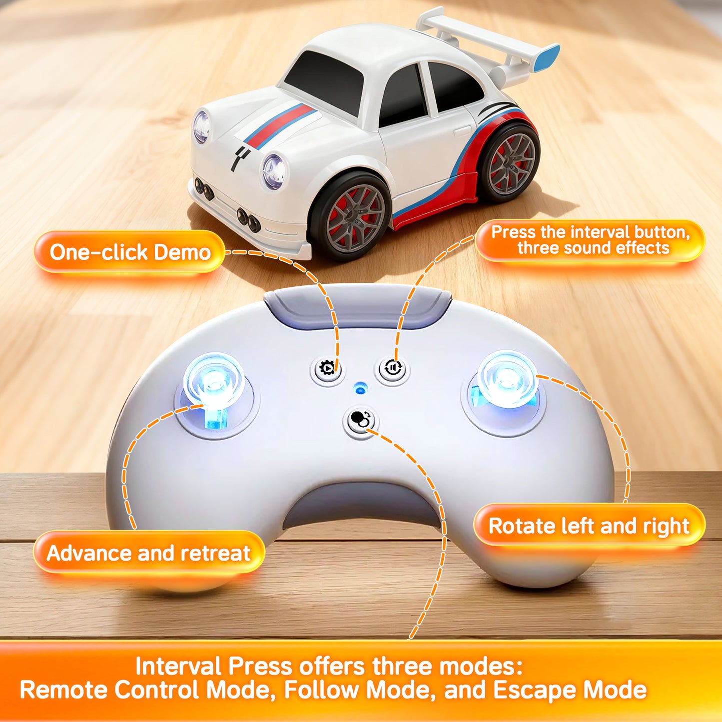 KOPPOP 1:24 Scale Remote Control Drift Car, 3 Modes with 360° Spin & LED Lights, 2.4GHz Rechargeable RC Vehicle(White)