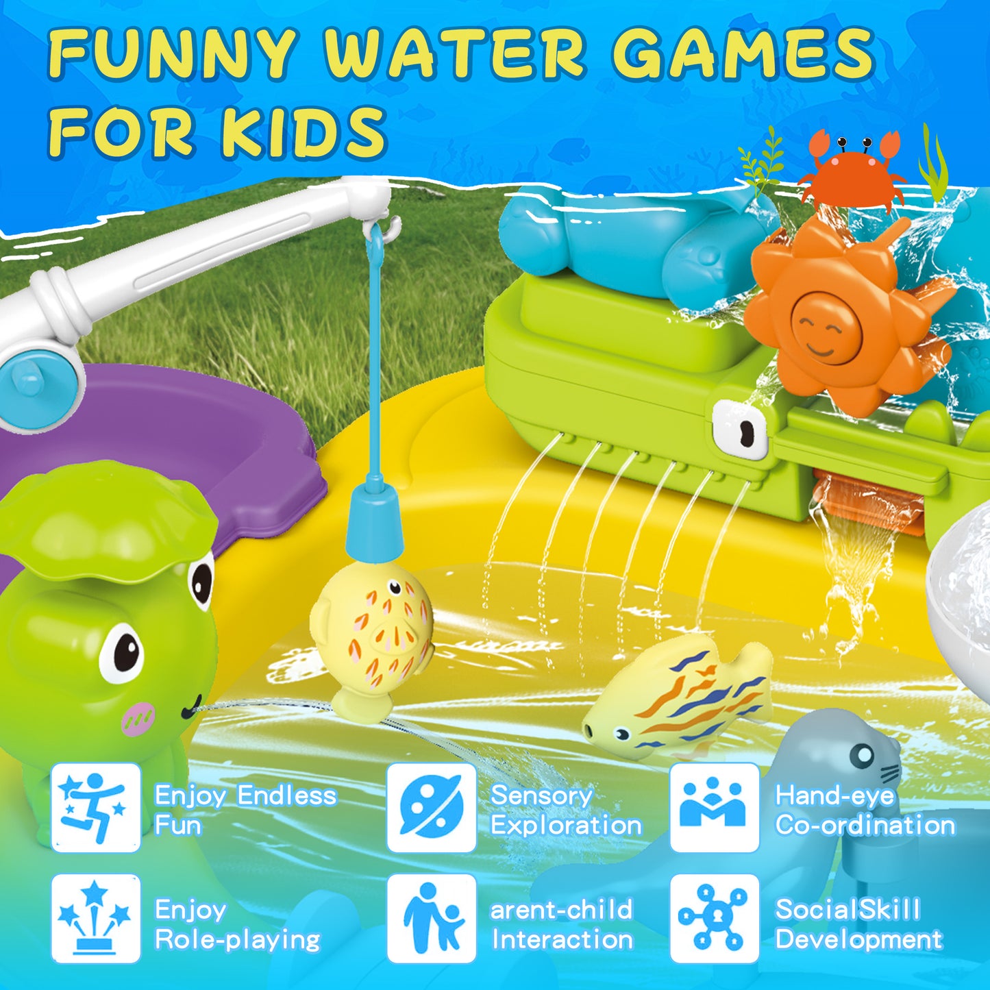 KOPPOP Animal Water Park Toddler Water Table - Beach Toy with Rotating Spray & Whale Pump for Outdoor Sensory Play, Kids Ages 0-3 3-9