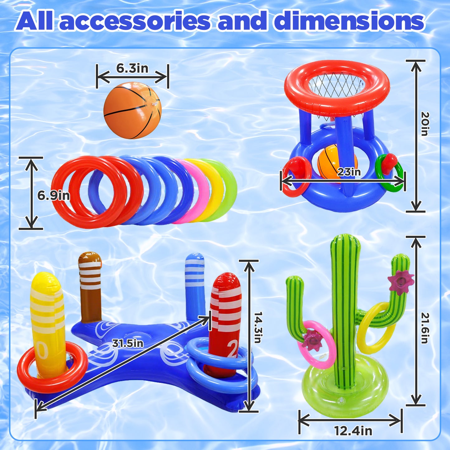 KOPPOP Pool Toys Games Set, Floating Basketball Hoop with Inflatable Cross Ring Toss Game, Cactus Inflatable Toy for Kids Adults, Summer Swimming Pool Water Games