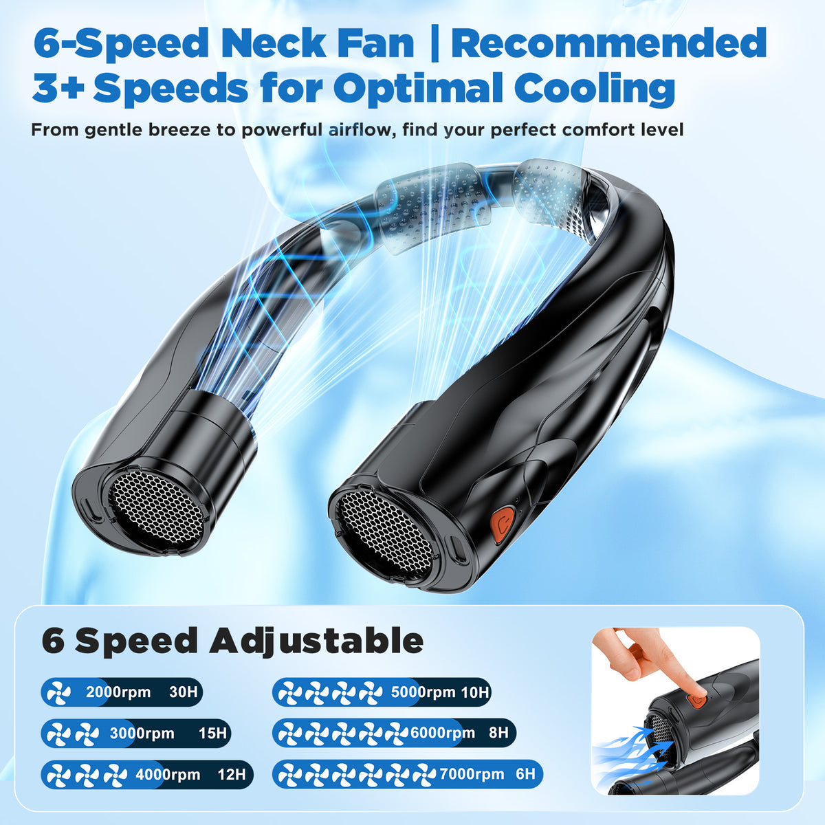 SIMWAL 6000mAh Neck Fan, 30H Runtime 6 Speeds 360° Airflow, USB Rechargeable Personal Fan & Wearable Fan for Camping Travel Beach Outdoor Sports, Black