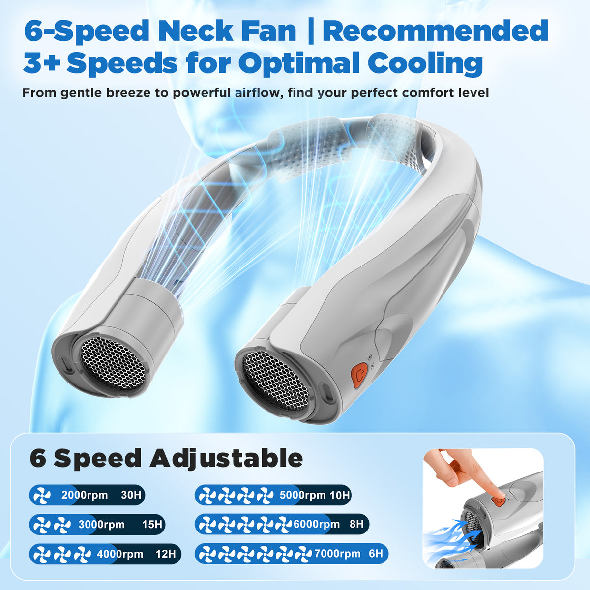 SIMWAL 6000mAh Neck Fan, 30H Runtime 6 Speeds 360° Airflow, USB Rechargeable Personal Fan & Wearable Fan for Camping Travel Beach Outdoor Sports, White