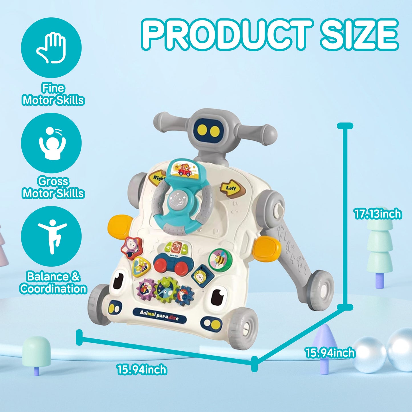 KOPPOP 3 in 1 Baby Walker and Activity Center for Girl, Learning to Walk, Sit to Stand, Early Educational Push Toys with Music Panel for Infant Toddler 12+ Months Grey