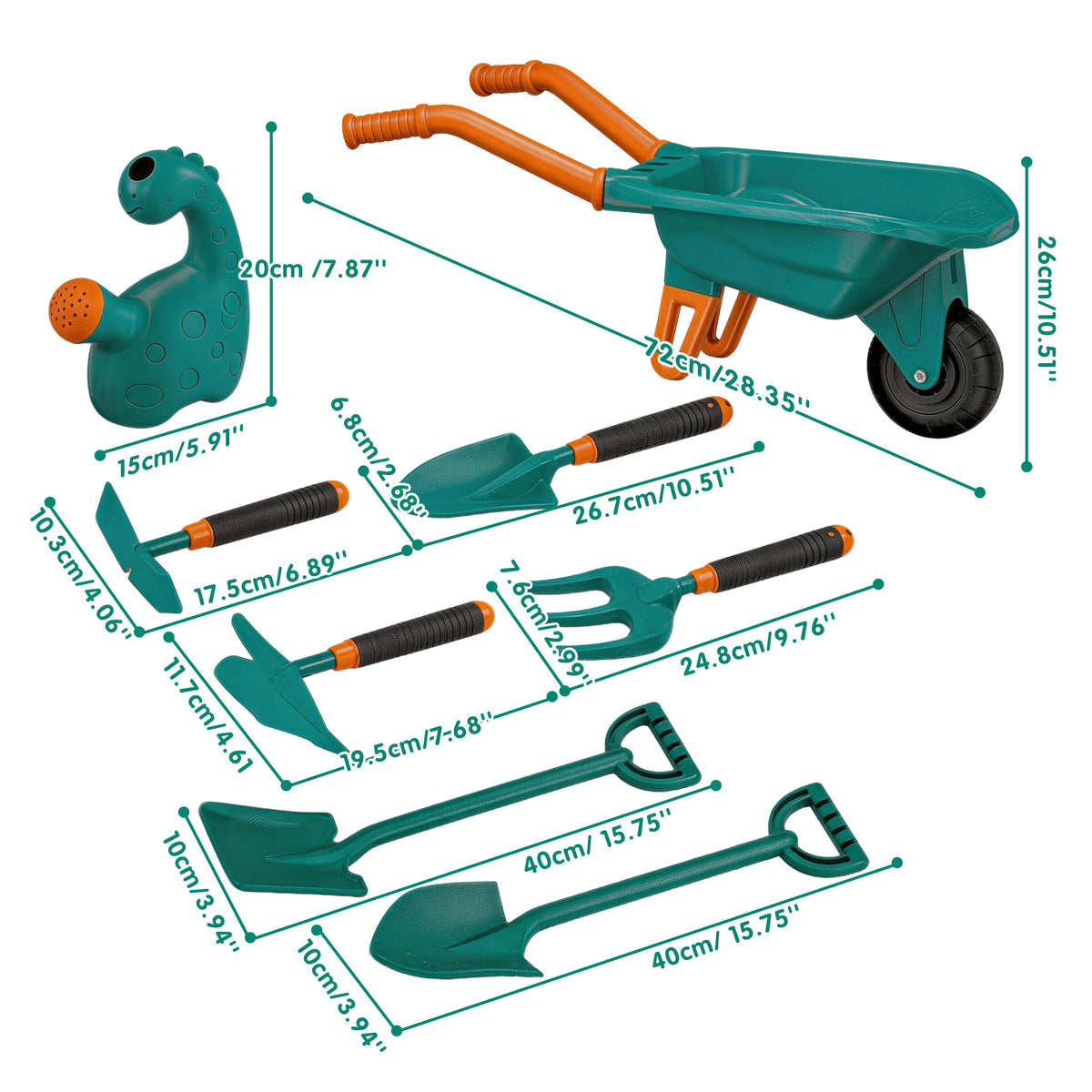 KOPPOP  Kids Gardening Tool Set 7PCS with Wheelbarrow, gardening gifts Lightweight Plastic Short-Handle (28.3") for Garden, Patio, and Outdoor Use, Green