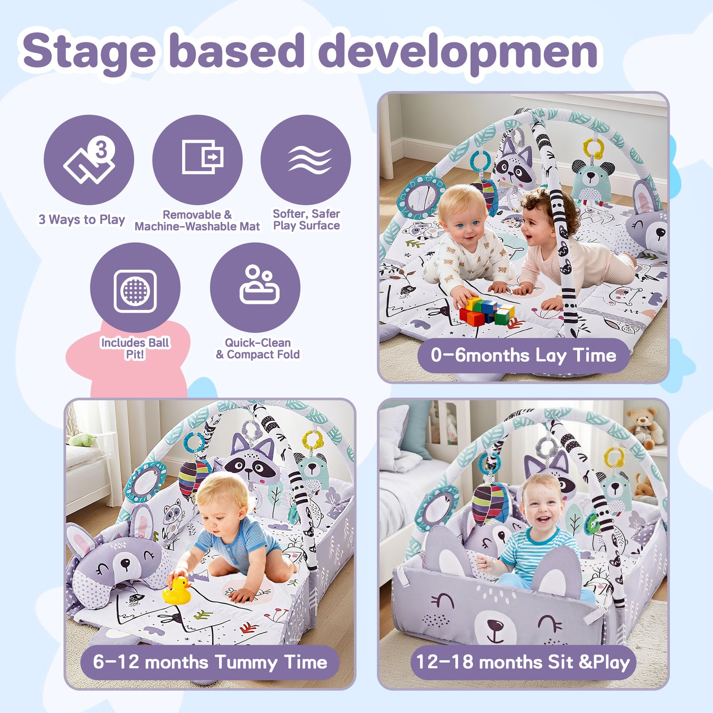 KOPPOP 4-in-1 Baby Activity Gym & Tummy Time Play Mat, Infant Sensory Toys for Motor Skill Development, Purple