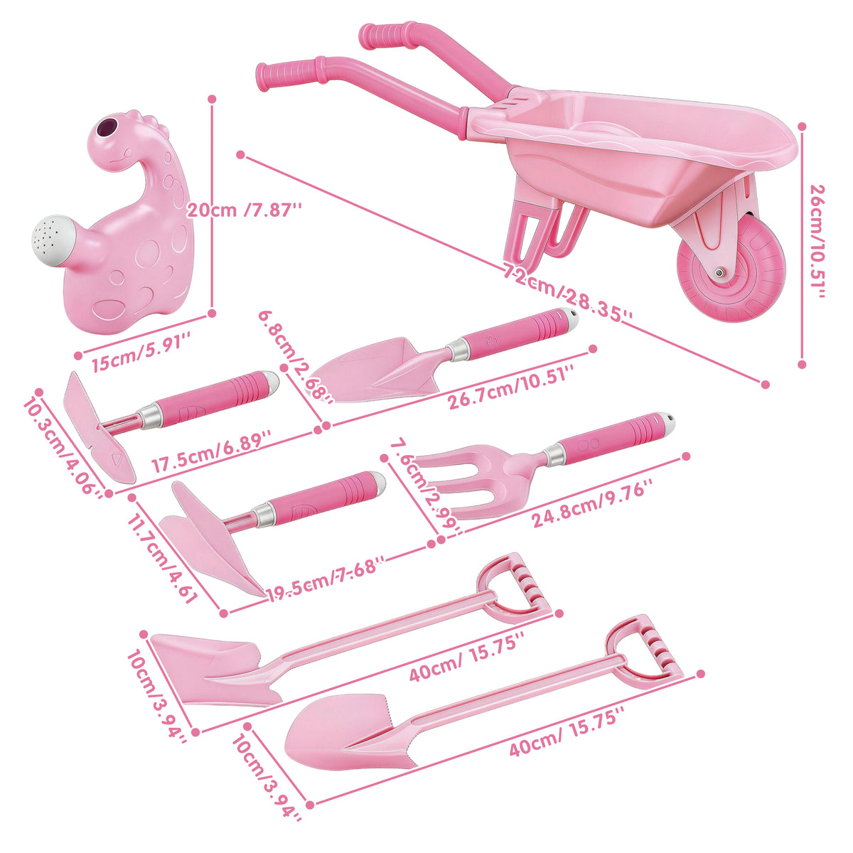 KOPPOP  Kids Gardening Tool Set 7PCS with Wheelbarrow, gardening gifts Lightweight Plastic Short-Handle (28.3") for Garden, Patio, and Outdoor Use, Pink