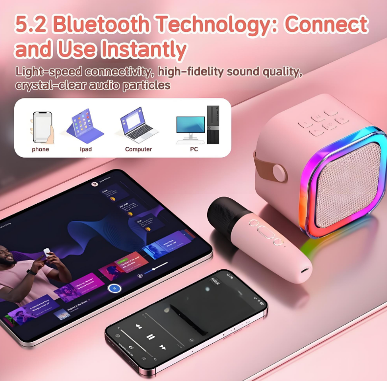 KOPPOP Mini Karaoke Machine with 2 Wireless Mics, Portable Speaker for Home & Travel Singing, Fun Gift for Kids 4-12+ Years Old (Pink)