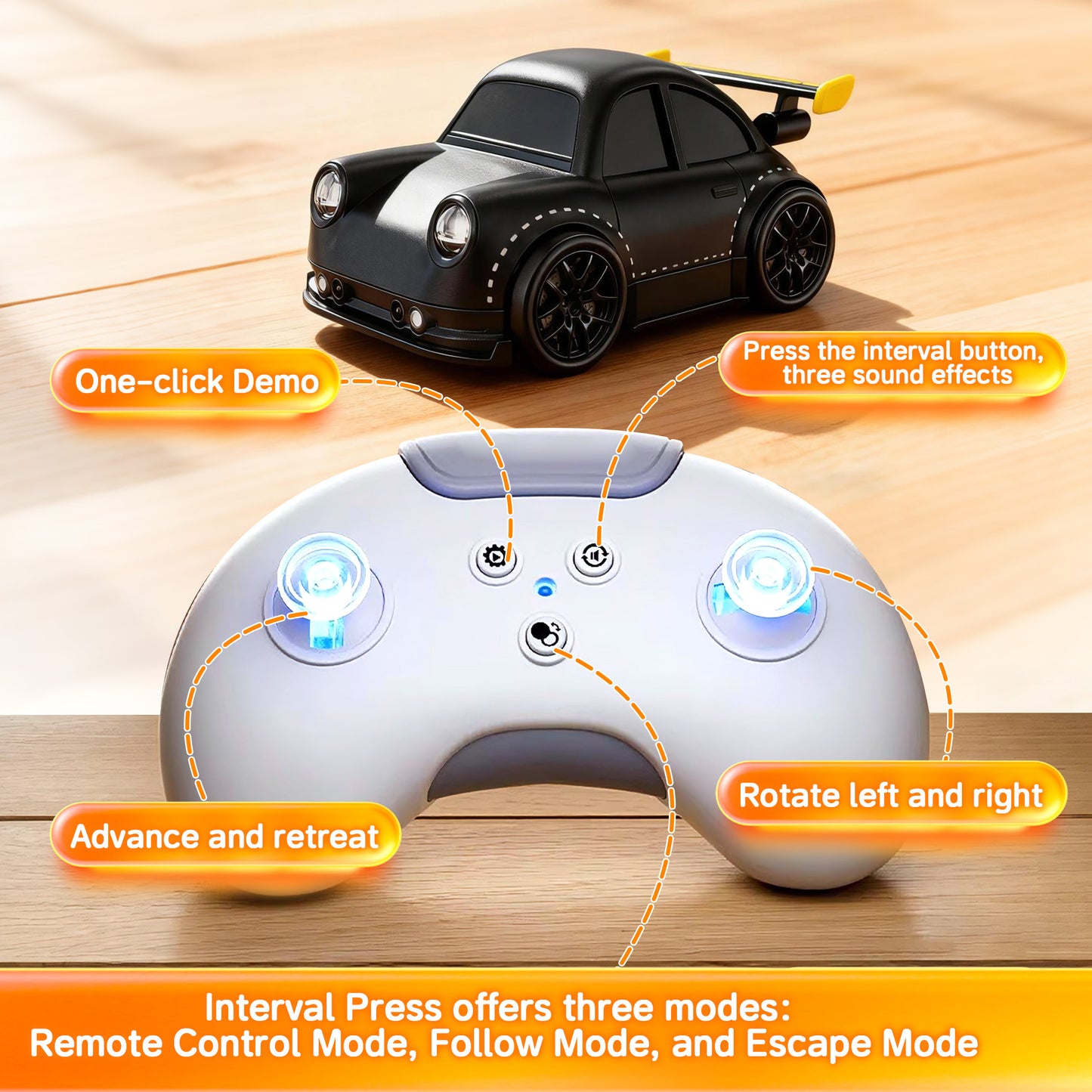KOPPOP 1:24 Scale Remote Control Drift Car, 3 Modes with 360° Spin & LED Lights, 2.4GHz Rechargeable RC Vehicle (Black)