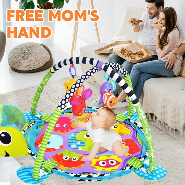 YoYFUN Baby Play Gym ,3 in 1 Baby Play Activity Mat with with 4 Toys, Detachable Arch, Protective Mesh, Ocean Ball,Activity Play Mat for Infant Toddlers Green Turtle