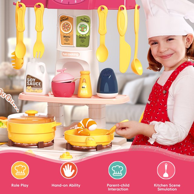 Play Kitchen,Kids Kitchen Playset with Real Sounds & Lights,Pretend Play Food Toys,Play Sink,Cooking Stove with Steam,Toddler Kitchen Toy Gift for Boys and Grlis(44PCS )