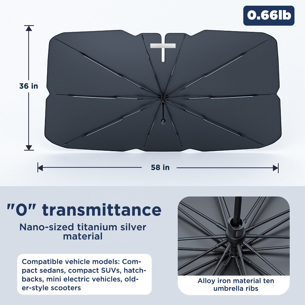 EVLIVE Car Windshield Sunshade,Car Shade Umbrella,Extra Wide 58"×36",UPF50+ Blocks 99% UV Rays, Umbrella Sunshade for Car, Fit for Compact Sedan/SUV/Hatchback/Mini EV/Older Scooter