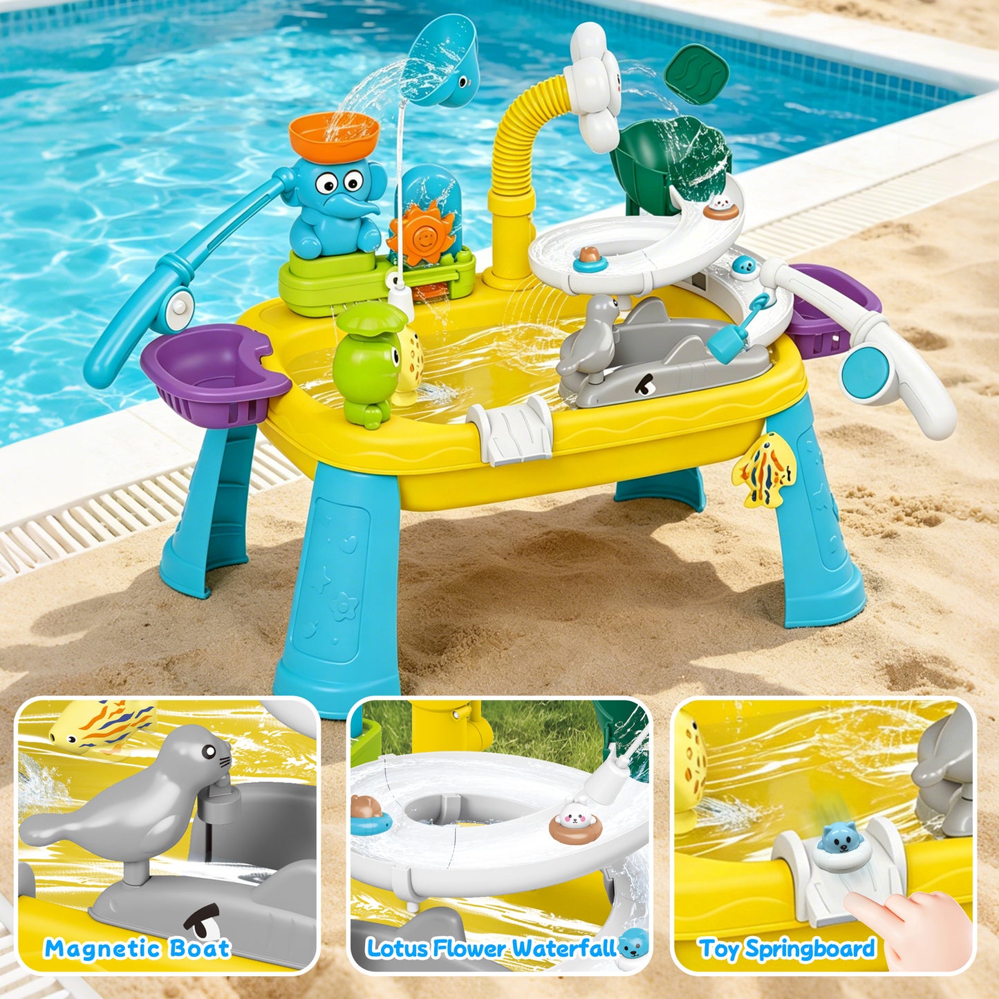KOPPOP Animal Water Park Toddler Water Table - Beach Toy with Rotating Spray & Whale Pump for Outdoor Sensory Play, Kids Ages 0-3 3-9