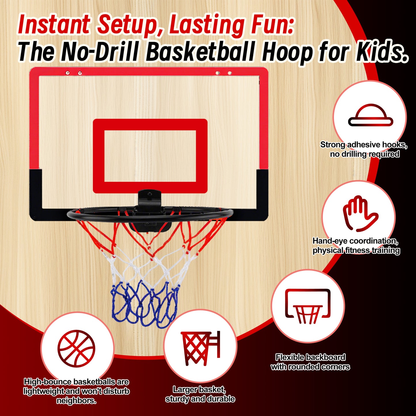 KOPPOP Hoop Basketball Set, Over the Door Basketball Hoop for Kids,Includes 3 Mini Balls, Kids Basketball Toy Gifts for Kids Boys Teens