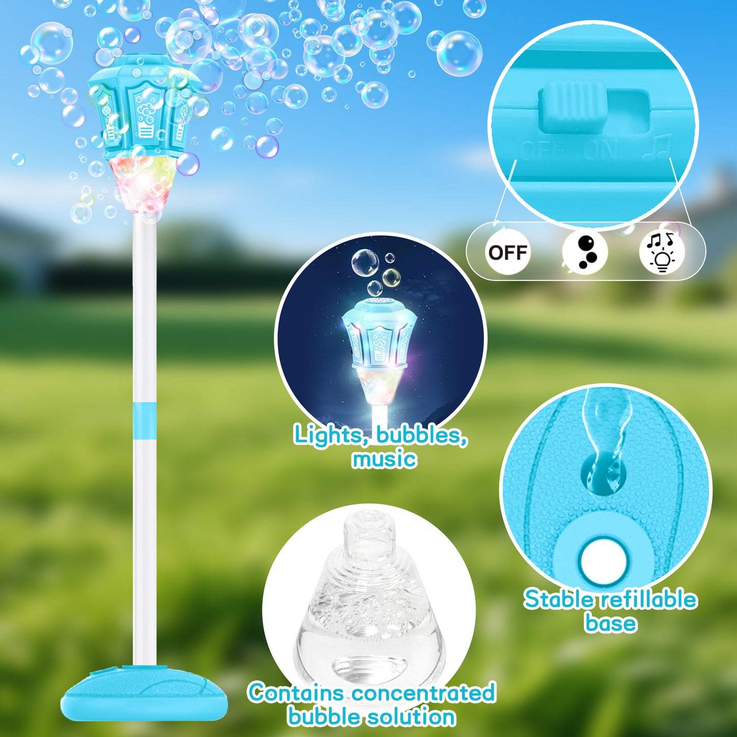 KOPPOP Garden Bubble Machine, LED Musical Lawn Lamp with Remote & Rechargeable Battery, Adjustable Height Outdoor Party Atmosphere Decor(Blue)