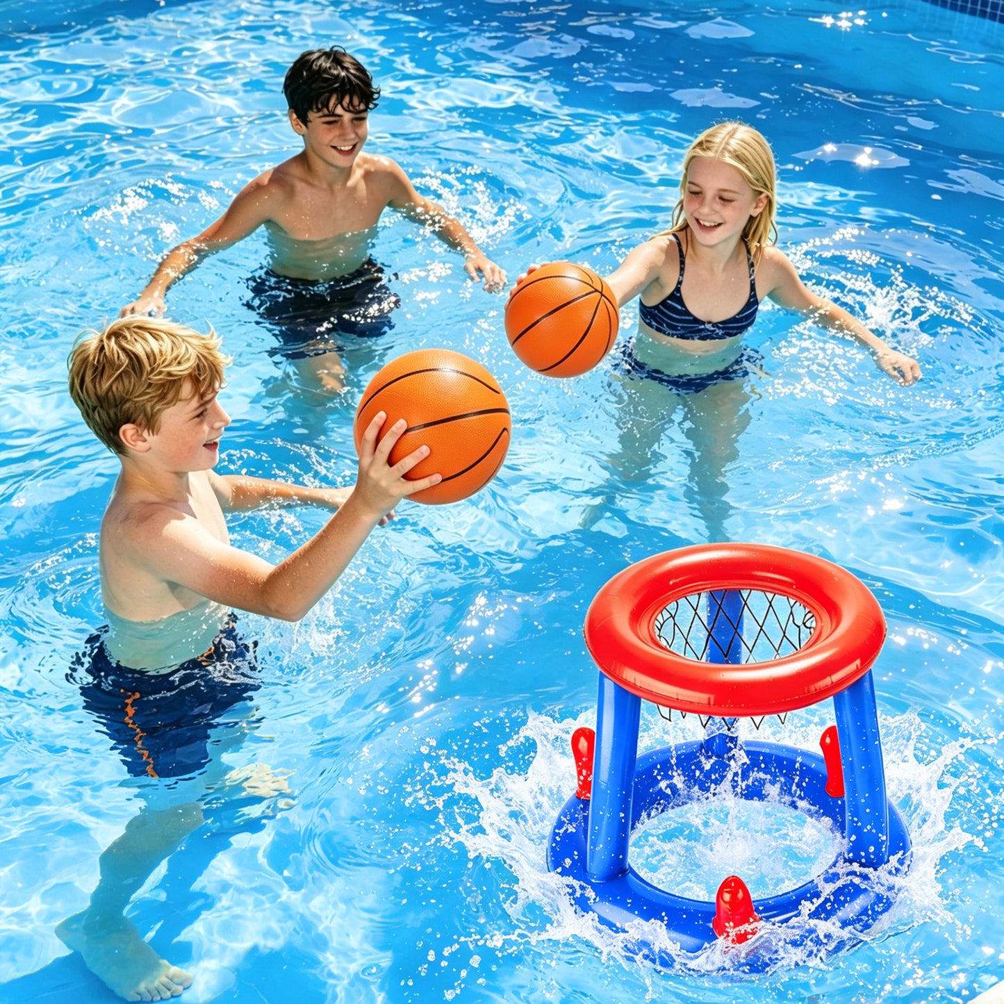 KOPPOP Pool Toys Games Set, Floating Basketball Hoop with Inflatable Cross Ring Toss Game, Cactus Inflatable Toy for Kids Adults, Summer Swimming Pool Water Games