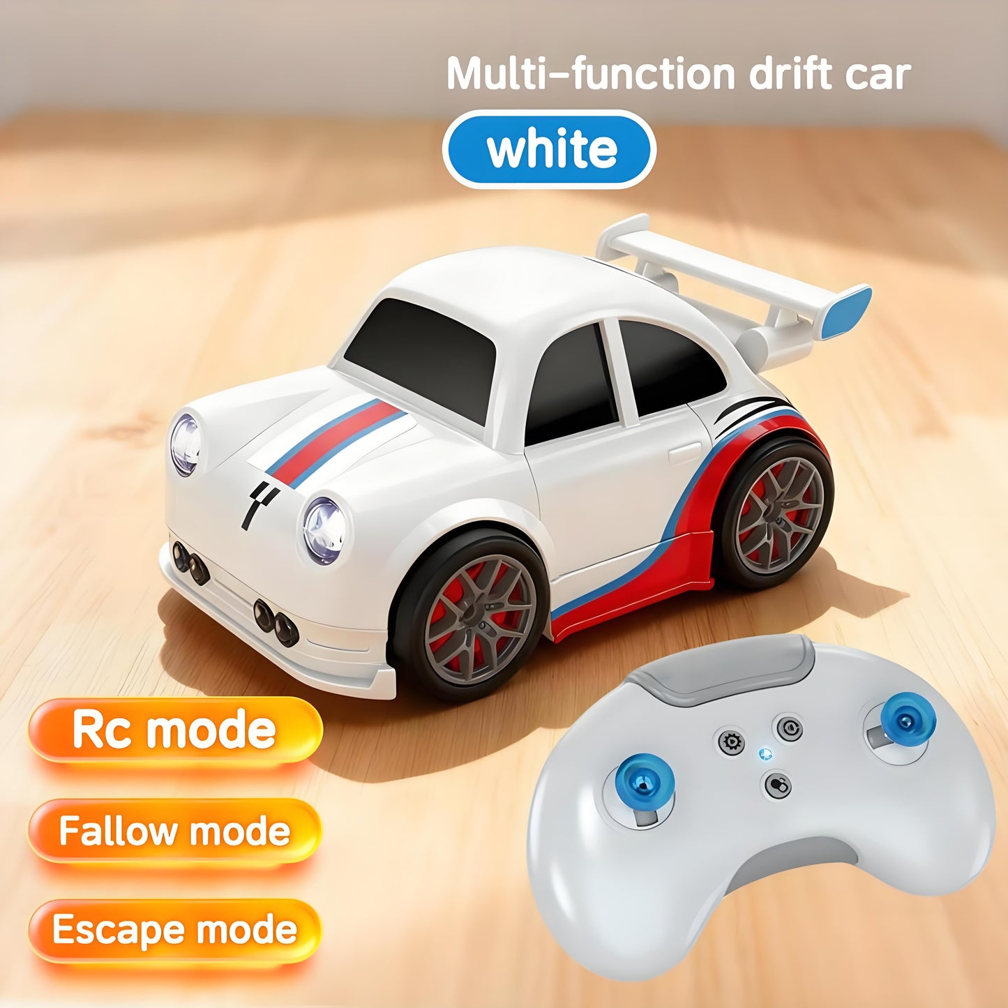 KOPPOP 1:24 Scale Remote Control Drift Car, 3 Modes with 360° Spin & LED Lights, 2.4GHz Rechargeable RC Vehicle(White)