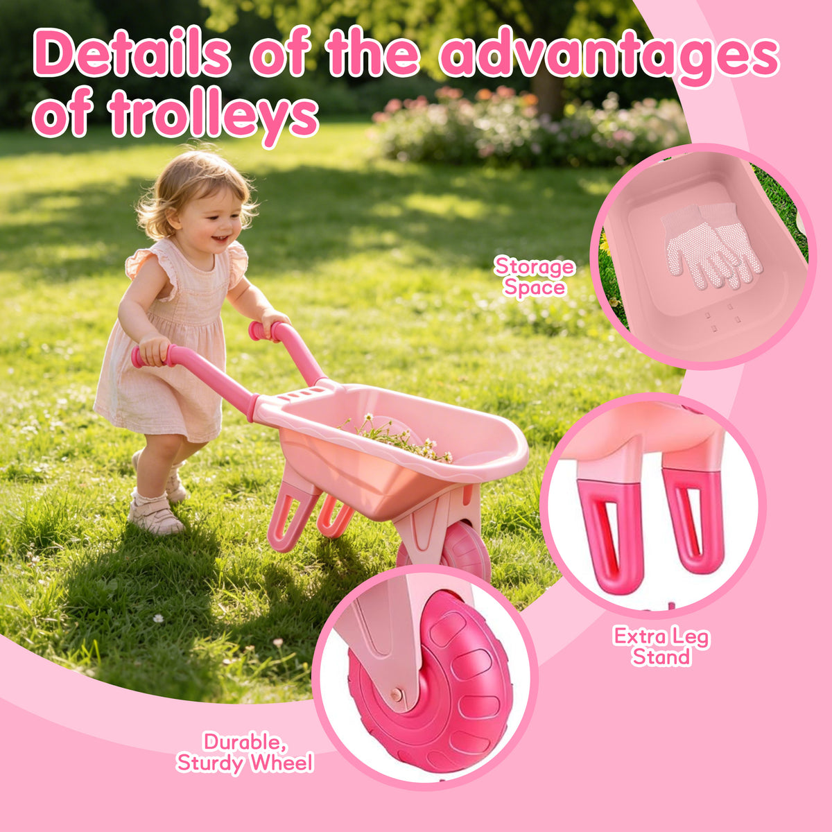 KOPPOP  Kids Gardening Tool Set 7PCS with Wheelbarrow, gardening gifts Lightweight Plastic Short-Handle (28.3") for Garden, Patio, and Outdoor Use, Pink