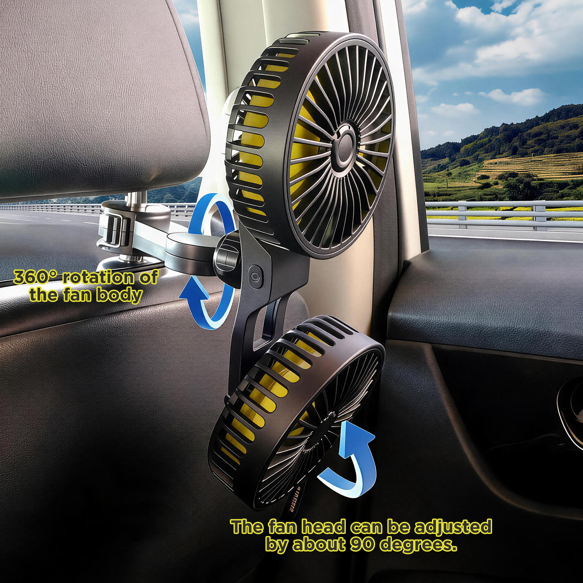 EVLIVE Dual-Head Car Fan for Back Seat, USB Car Fan with Clip, 12V/USB High Velocity Fan for Car SUV Truck Backseat Cooling