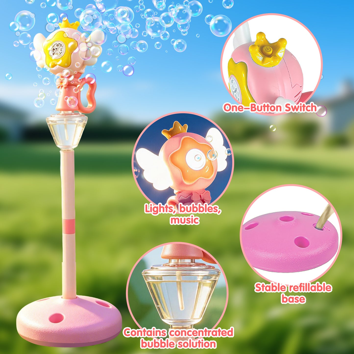 KOPPOP Garden Bubble Machine, LED Musical Lawn Lamp & Rechargeable Battery, Adjustable Height Outdoor Party Bubble Blower for Outdoor Decor (Pink)