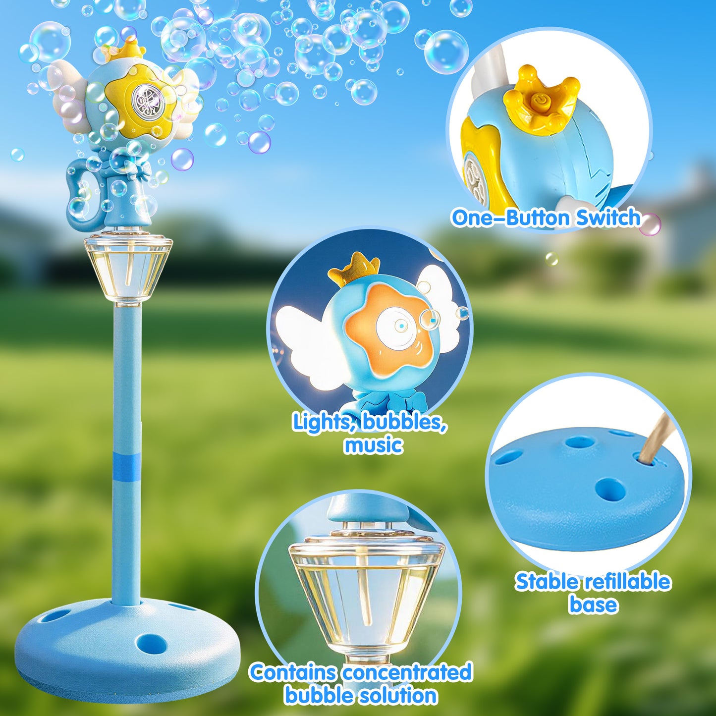 KOPPOP Garden Bubble Machine, LED Musical Lawn Lamp & Rechargeable Battery, Adjustable Height Outdoor Party Bubble Blower for Outdoor Decor(Blue)