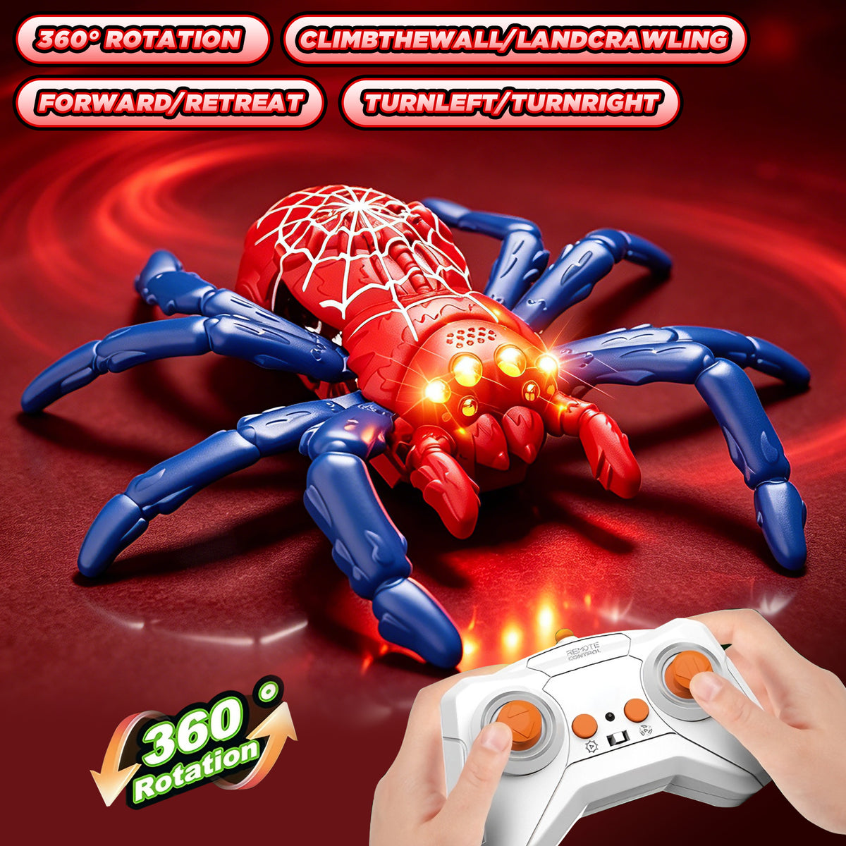 KOPPOP RC Wall Climbing Spider Toy, Rechargeable Remote Control Robot with Vacuum Suction, 360° Rotation, Wall & Ground Crawling, Gift for 3+ Year Old Boys Girls,red