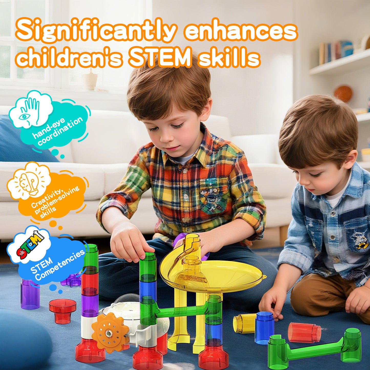 KOPPOP 200 Pcs Marble Run with Motorized Elevator, Construction Building Blocks with 32 Plastic & 10 Glass & 4 Glow Marbles, STEM Educational Toys for Kids Ages 4-8