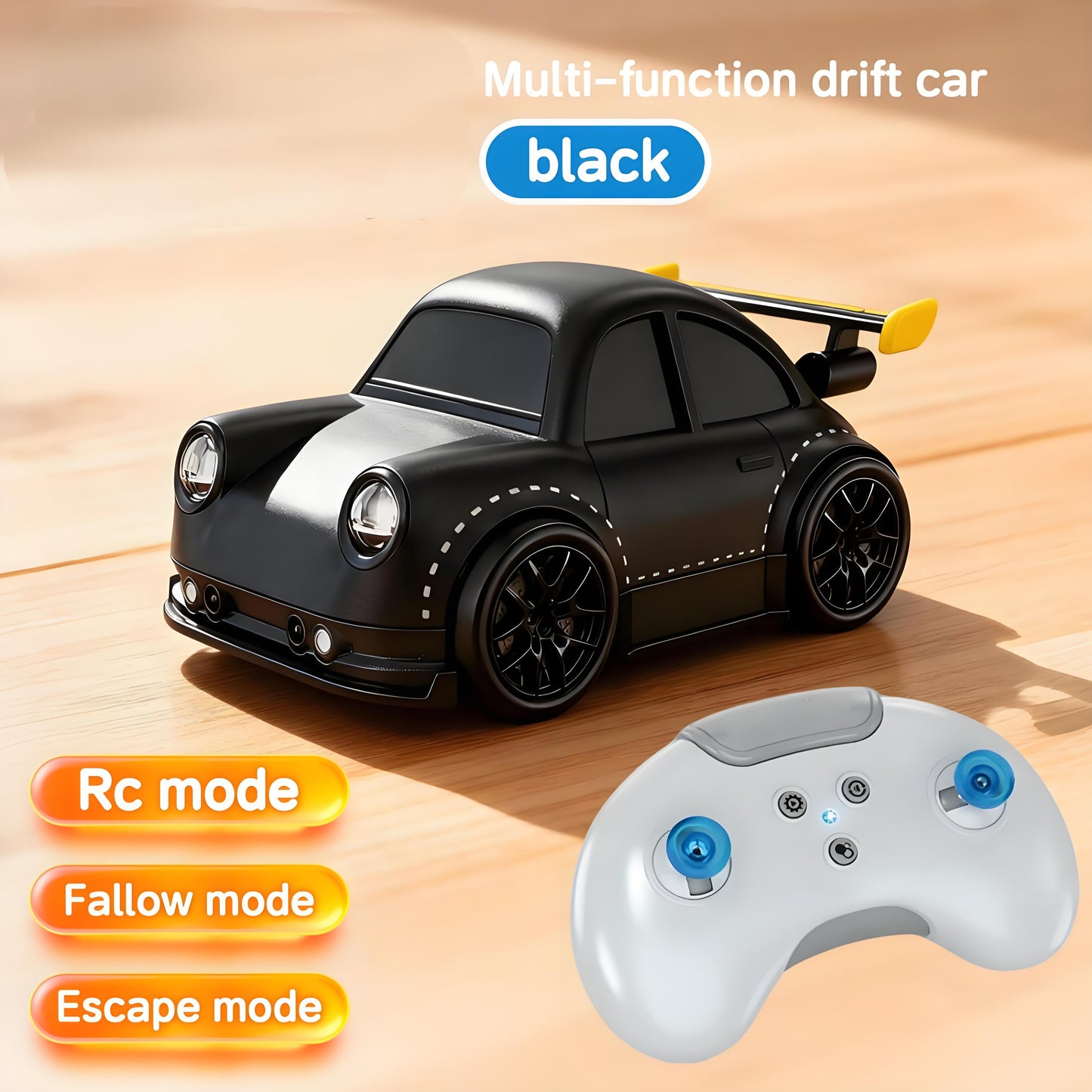 KOPPOP 1:24 Scale Remote Control Drift Car, 3 Modes with 360° Spin & LED Lights, 2.4GHz Rechargeable RC Vehicle (Black)