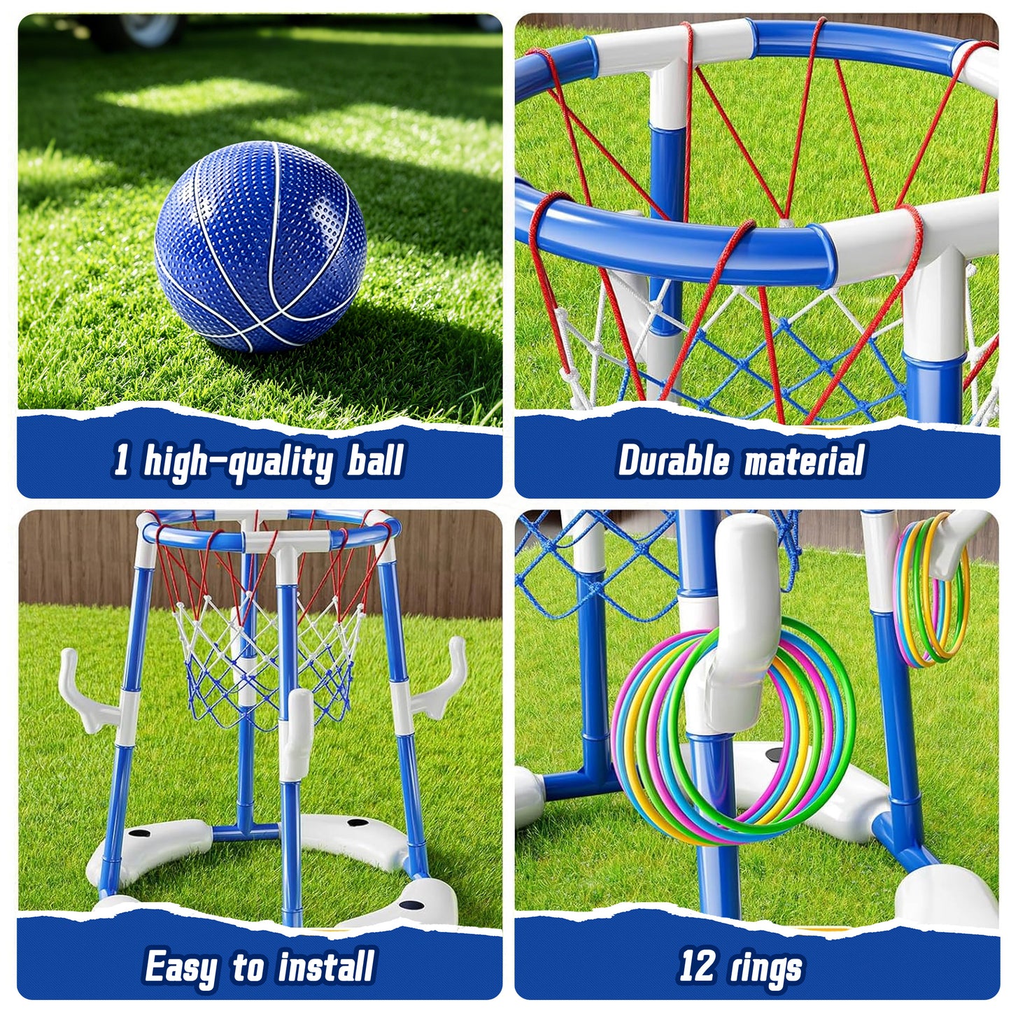 KOPPOP 2-in-1 Floating Pool Basketball Hoops & Ring Toss Game, Pool Basketball Toys with 1 Balls & 12 Rings, Inflatable Swimming Pool Toys for Kids and Family