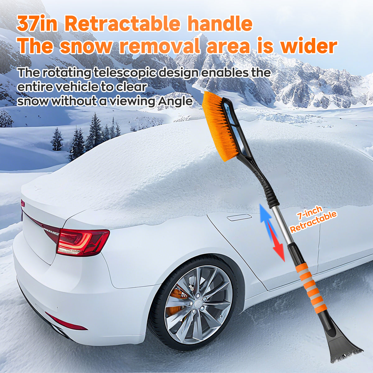 EVLIVE Telescoping Snow Brush and Ice Scraper 2-in-1, with 9" Extra-Wide Dense Bristles & EVA Non-Slip Grip, Extendable Car Snow Brush (30-37 Inches)