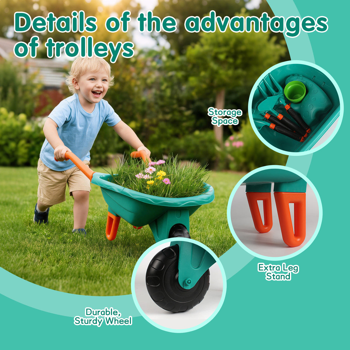 KOPPOP  Kids Gardening Tool Set 7PCS with Wheelbarrow, gardening gifts Lightweight Plastic Short-Handle (28.3") for Garden, Patio, and Outdoor Use, Green