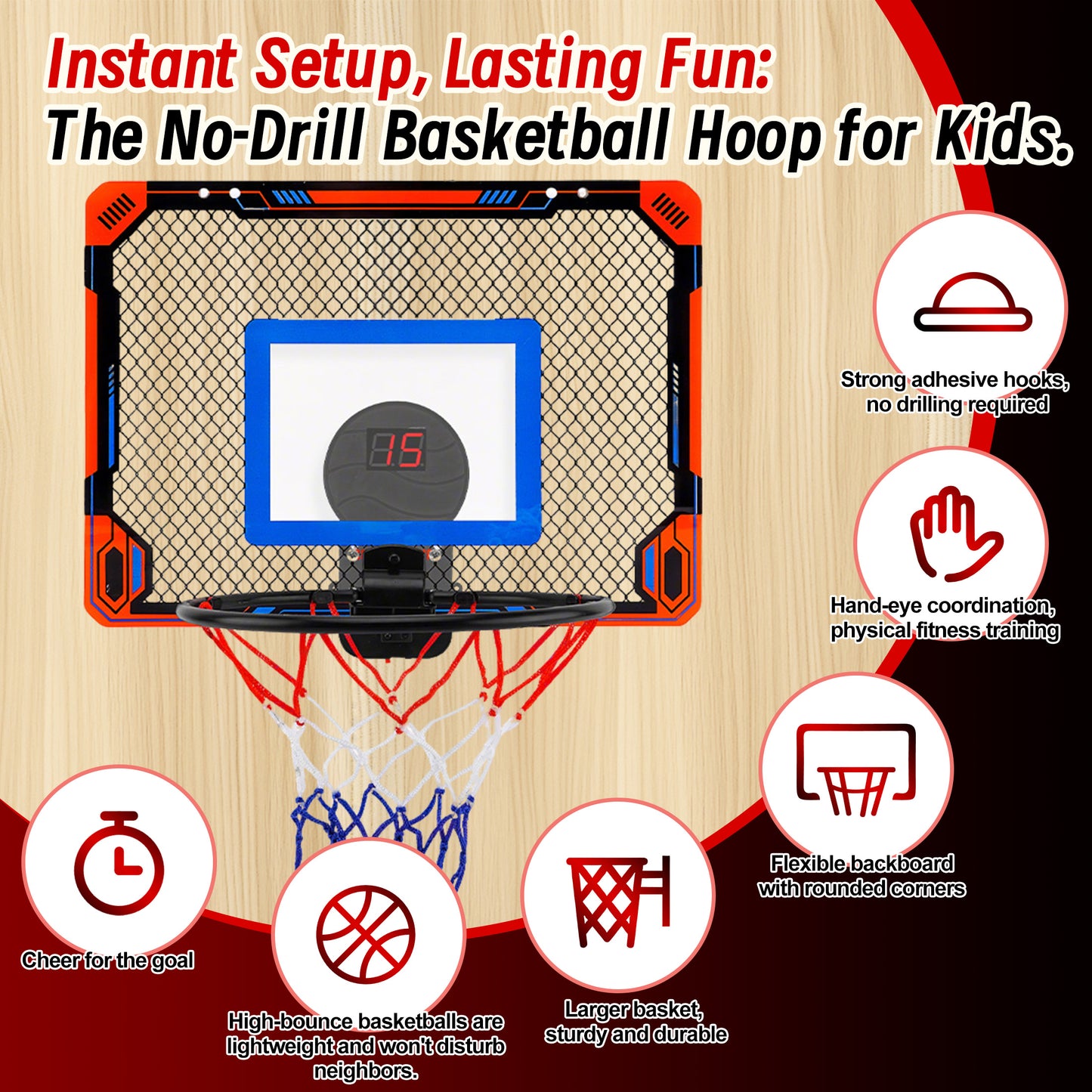 KOPPOP Hoop Basketball Set, Over the Door Basketball Hoop for Kids,Includes Mini Ball and Scoreboard, Kids Basketball Toy Gifts for Kids Boys Teens