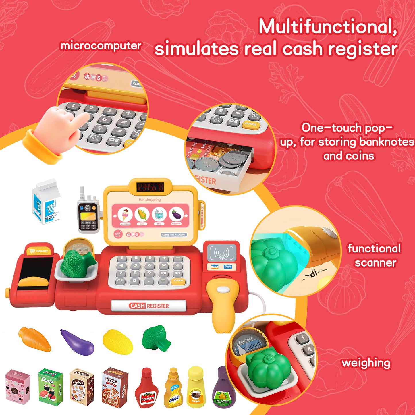 KOPPOP Kids Cash Register Toy, Pretend Play with Scanner, Learning Toy Gift for 3 4 5 6 Years Old Boys Girls Birthday(red).