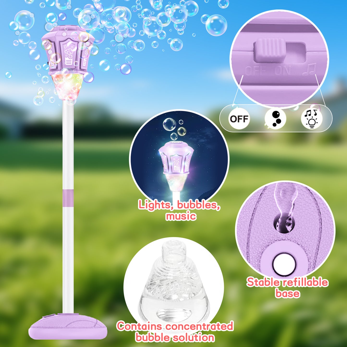 KOPPOP Garden Bubble Machine, LED Musical Lawn Lamp with Remote Control & Rechargeable Battery, Adjustable Height Outdoor Party Bubble Blower for Kids Birthday Gifts (Purple)