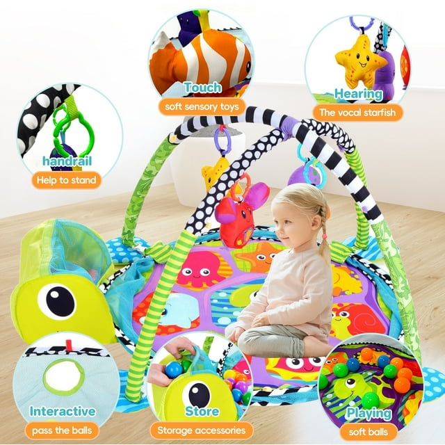 YoYFUN Baby Play Gym ,3 in 1 Baby Play Activity Mat with with 4 Toys, Detachable Arch, Protective Mesh, Ocean Ball,Activity Play Mat for Infant Toddlers Green Turtle