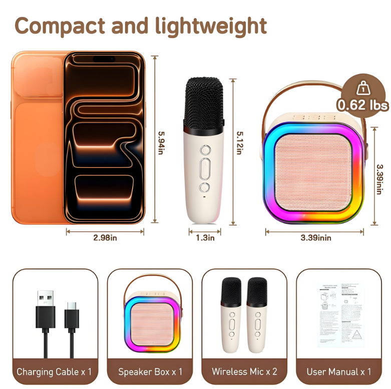 KOPPOP Mini Karaoke Machine with 2 Wireless Mics, Portable Speaker for Home & Travel Singing, Fun Gift for Kids 4-12+ Years Old (White)