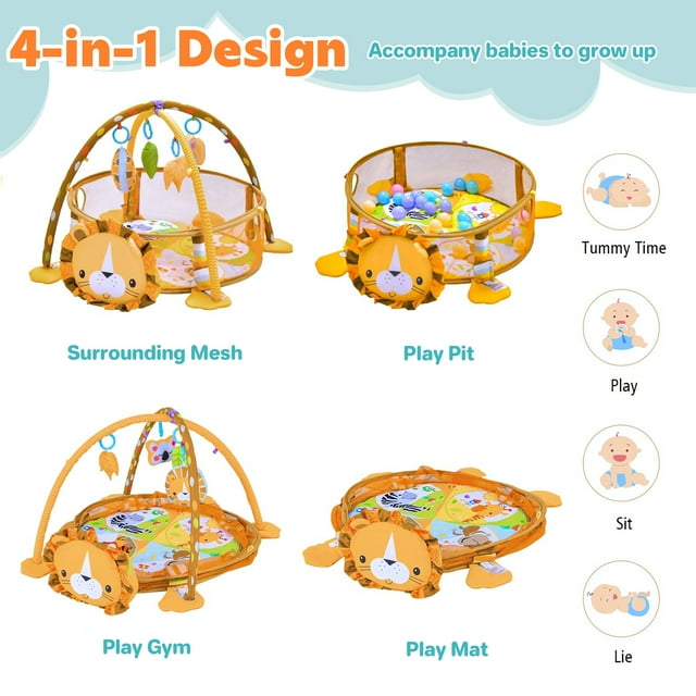 YoYFUN 3-in-1 Baby Activity Gym, Infant Playmat Ball Pit with 4 Toys, Detachable Arch, Protective Mesh, Ocean Ball, Lion Storage Bag, Baby Floor Mat for Newborn Toddlers