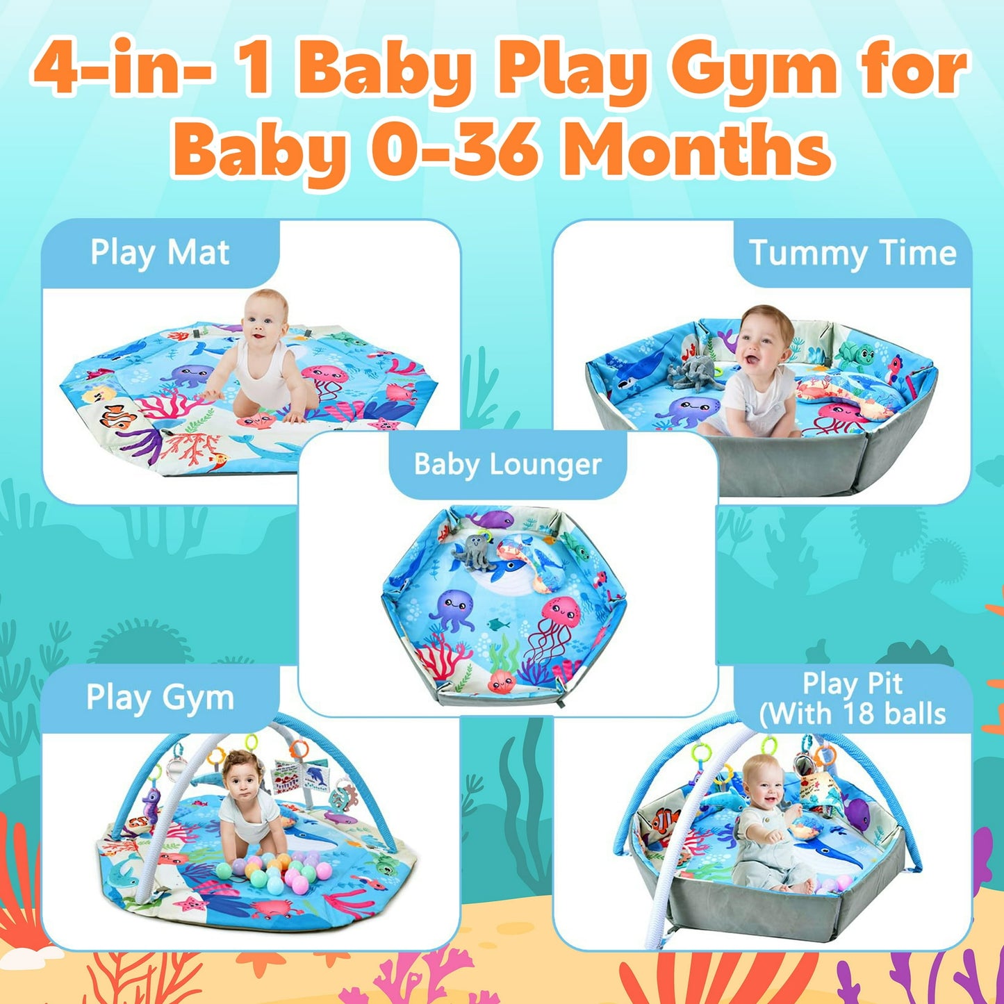 YoYFUN Baby Play Gym ,4-in-1 Baby Activity Gym & Tummy Time Play Mat, Infant Play mat, Combination Activity Gym for Sensory Exploration and Motor Skill Development from Baby to Toddler Blue