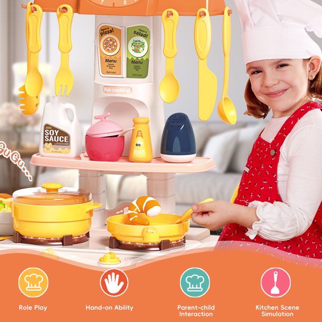 Play Kitchen,Kids Kitchen Playset with Real Sounds & Lights,Pretend Play Food Toys,Play Sink,Cooking Stove with Steam,Toddler Kitchen Toy Gift for Boys and Grlis(44PCS )