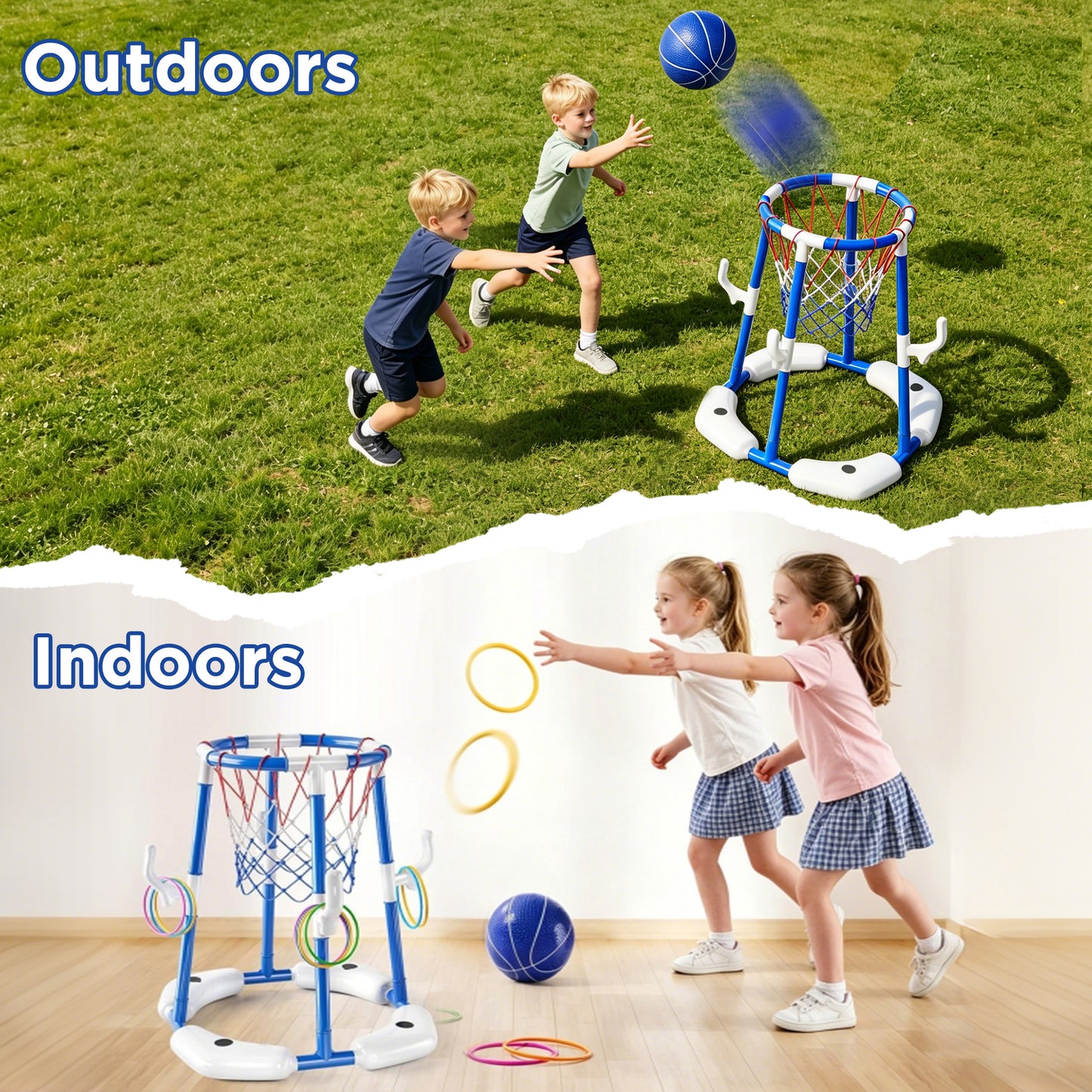 KOPPOP 2-in-1 Floating Pool Basketball Hoops & Ring Toss Game, Pool Basketball Toys with 1 Balls & 12 Rings, Inflatable Swimming Pool Toys for Kids and Family