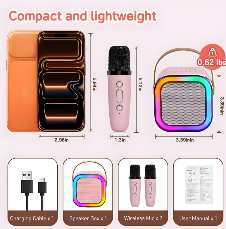 KOPPOP Mini Karaoke Machine with 2 Wireless Mics, Portable Speaker for Home & Travel Singing, Fun Gift for Kids 4-12+ Years Old (Pink)