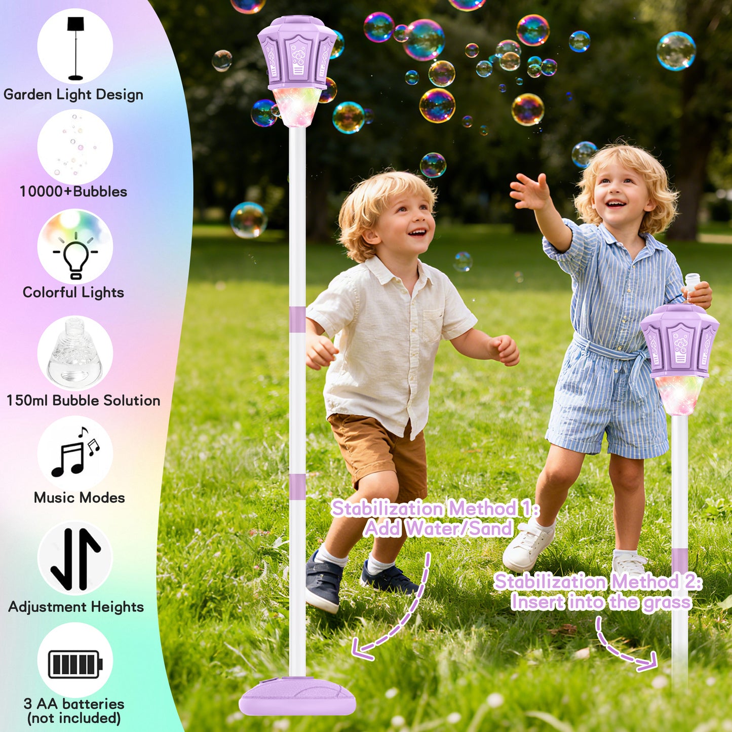 KOPPOP Garden Bubble Machine, LED Musical Lawn Lamp with Remote Control & Rechargeable Battery, Adjustable Height Outdoor Party Bubble Blower for Kids Birthday Gifts (Purple)