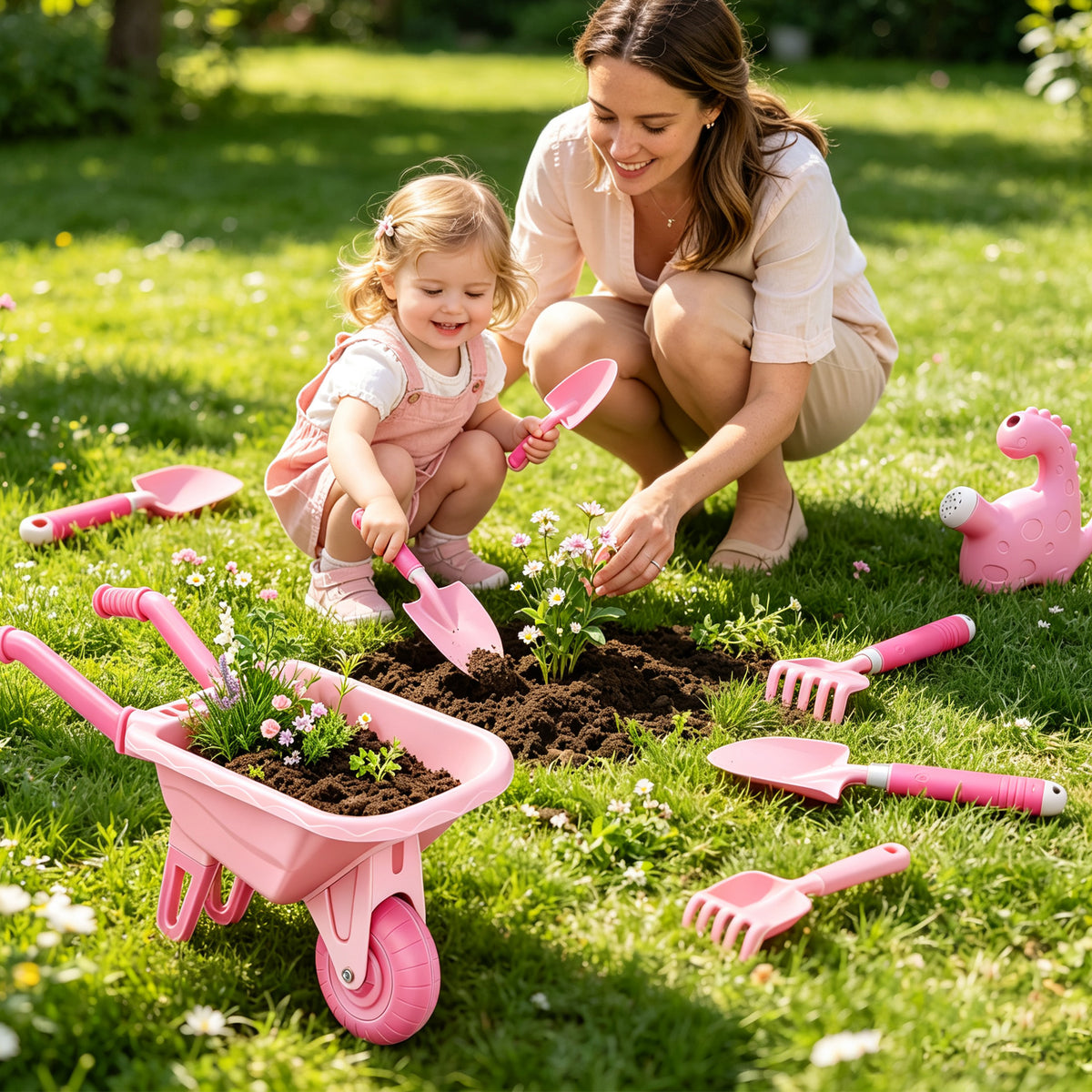 KOPPOP  Kids Gardening Tool Set 7PCS with Wheelbarrow, gardening gifts Lightweight Plastic Short-Handle (28.3") for Garden, Patio, and Outdoor Use, Pink