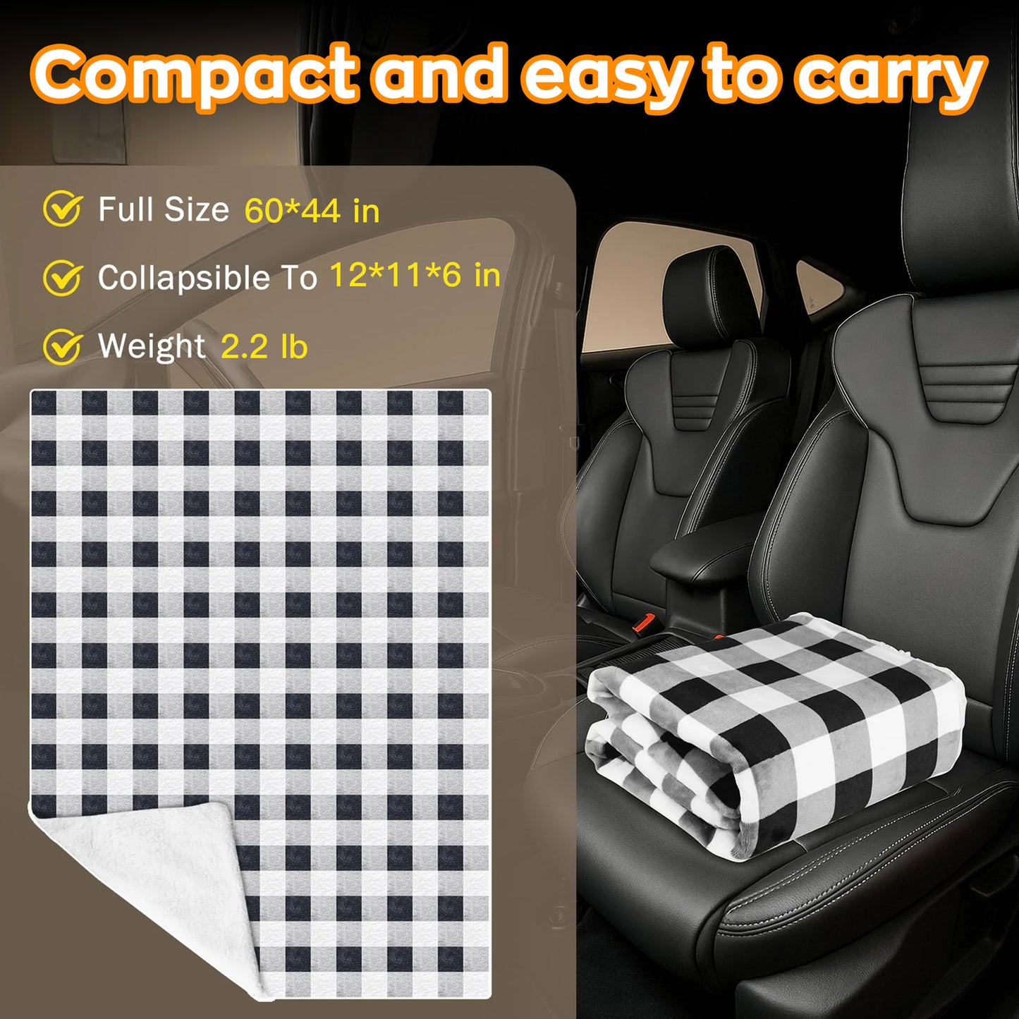 EVLIVE Heated Car Blanket - 12V Electric Travel Blanket for Car, Truck, SUV, RV - Car Heated Throw for Cold Weather & Camping (Black White Checkered)