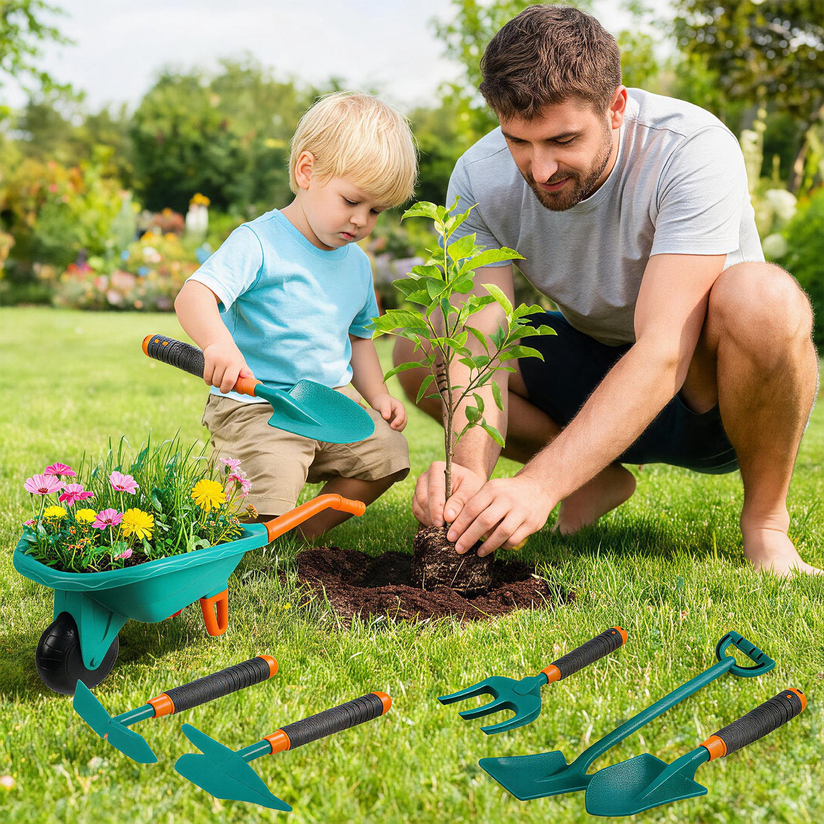 KOPPOP  Kids Gardening Tool Set 7PCS with Wheelbarrow, gardening gifts Lightweight Plastic Short-Handle (28.3") for Garden, Patio, and Outdoor Use, Green